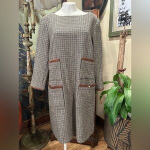 NWT PRESTON & YORK HOUNDSTOOTH TAN COLOR DRESS long sleeve with front pockets